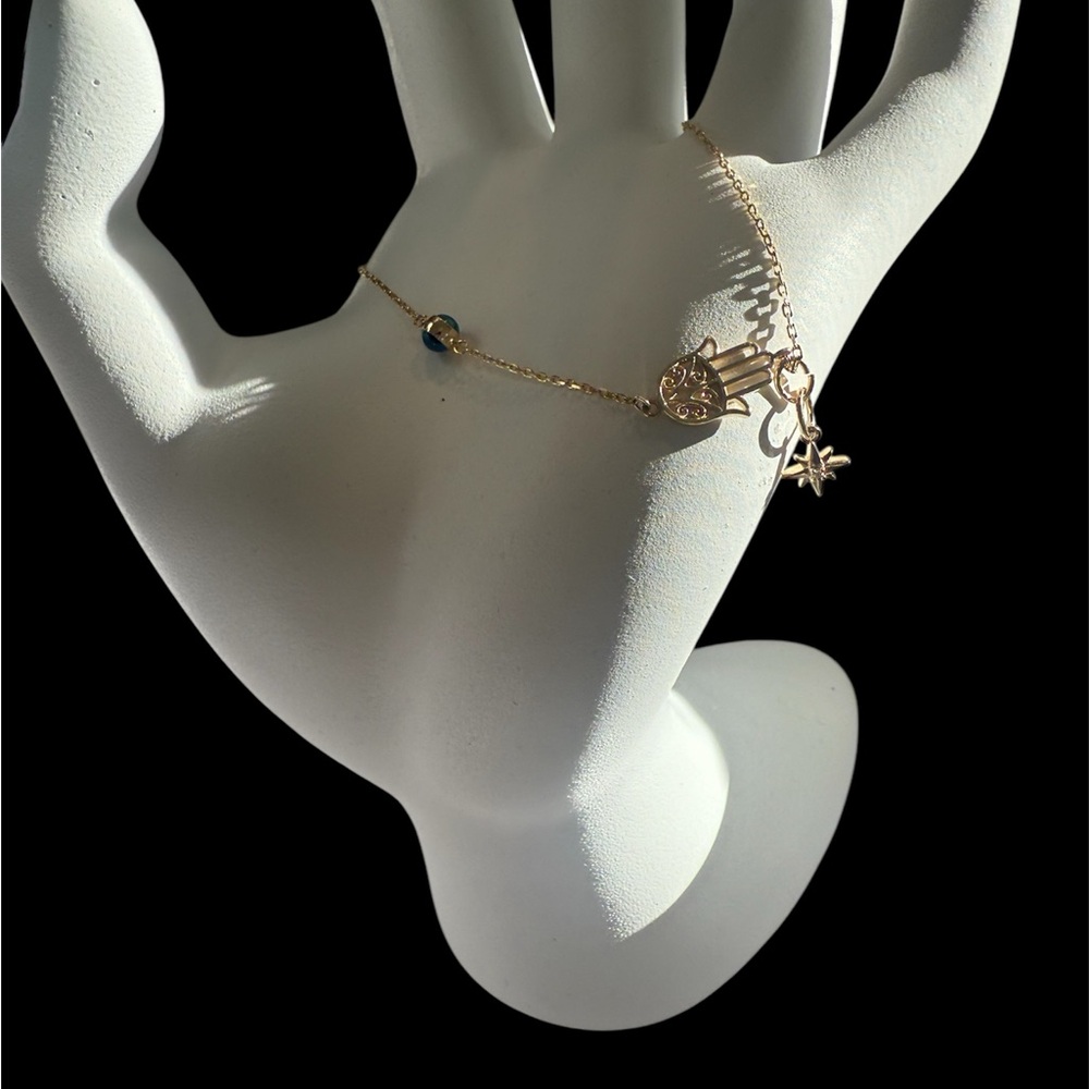 14K Gold and Blue Charm Bracelet with Intricate Design- Evil eye